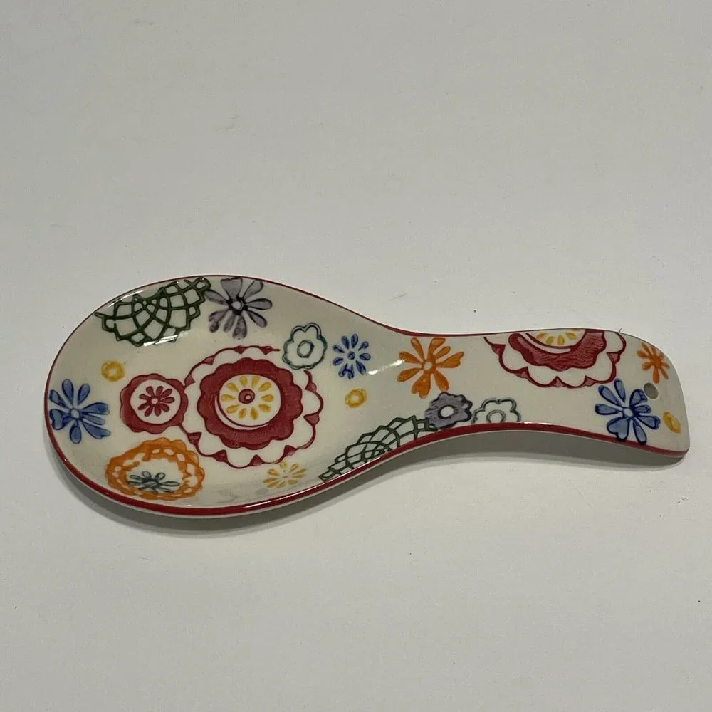 Pier 1 Imports Colorful, Hand Painted Floral 8” Stoneware Spoon Rest VTG